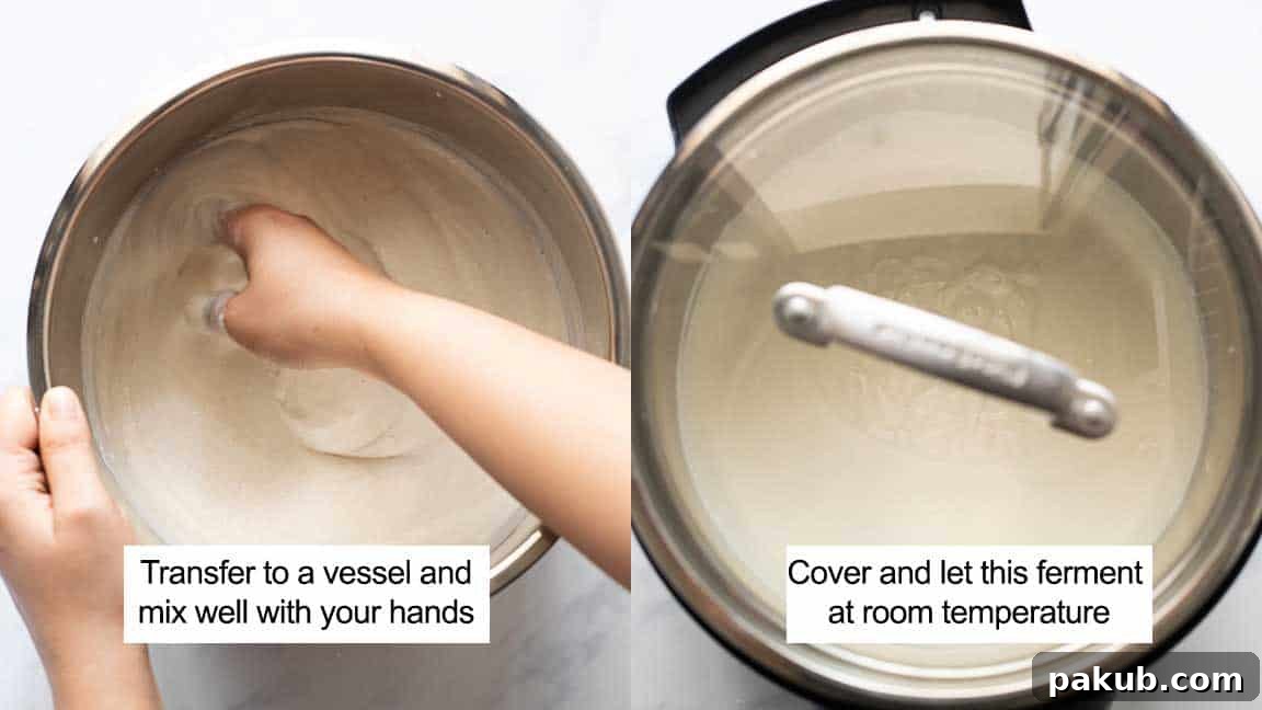 A two-picture collage showing the manual mixing of idli dosa batter with clean hands to initiate fermentation, followed by the batter covered and left in a warm place to ferment naturally.