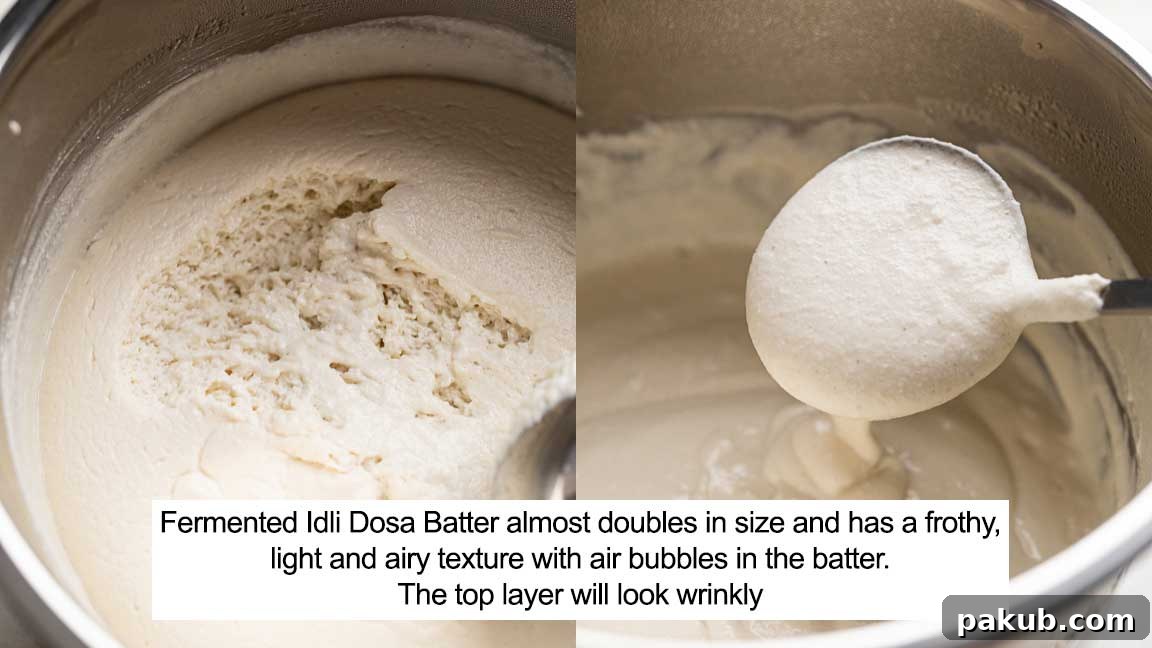 A two-picture collage displaying the ideal texture of fermented idli dosa batter: one showing its airy, frothy consistency, and the other revealing numerous tiny bubbles throughout the batter, indicating successful fermentation.