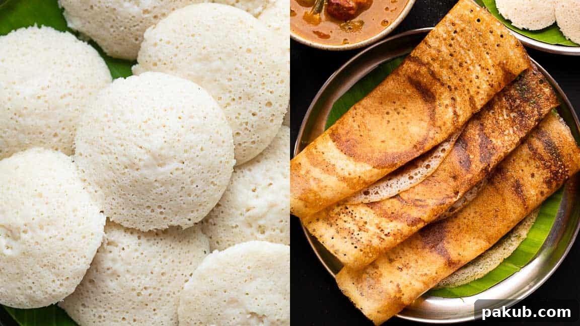 A two-picture collage featuring a plate of soft, cloud-like idlis stacked neatly and a banana leaf-lined plate with perfectly golden, crispy dosas, showcasing the versatility of the batter.