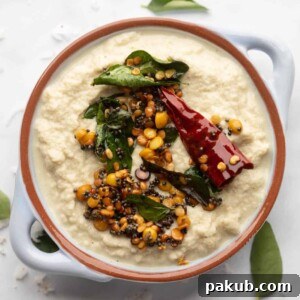 Unlocking Flavor: Chutneys for Idlis and Dosas 4 Coconut Chutney served in a light blue bowl with tempering on top