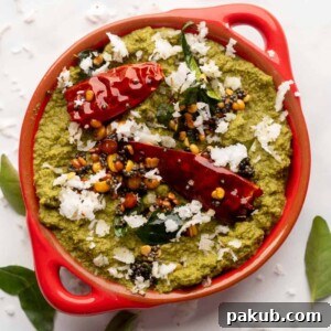 Unlocking Flavor: Chutneys for Idlis and Dosas 6 Coconut Coriander Chutney served in a red bowl with tempering on top