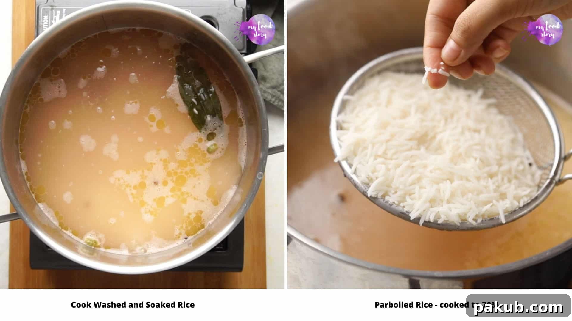 Mouthwatering Mutton Biryani Made Easy 3 Step by step collage showing how to parboil rice to 70% doneness