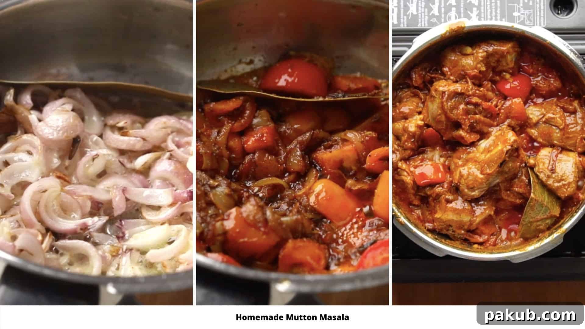 Mouthwatering Mutton Biryani Made Easy 4 Step by step collage showing how to brown onions, add spices and make mutton masala