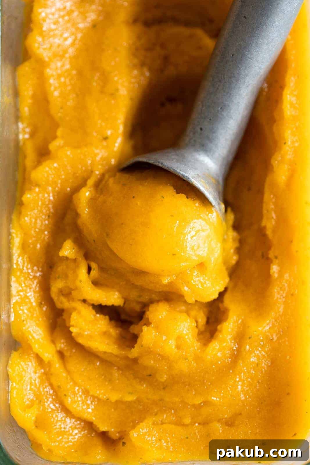 Whip Up Homemade Mango Sorbet Without a Machine 3 A large container of golden mango sorbet, being scooped out with a metal ice cream scooper. The sorbet looks smooth and ready to be served, highlighting its rich color and texture.