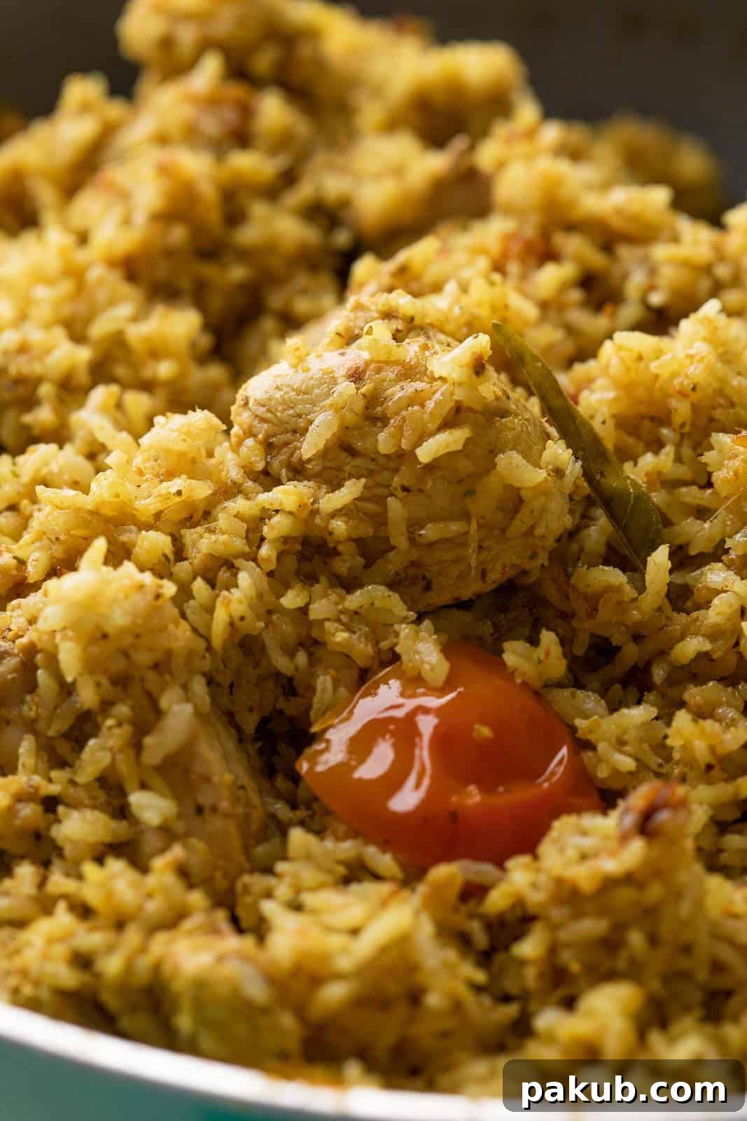 Close-up of perfectly cooked Chicken Pulao showing fluffy rice grains
