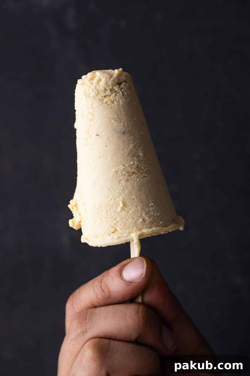 Kulfi Delights: Almond, Cream, and Mango Creations 4 A hand holding malai kulfi against a black background