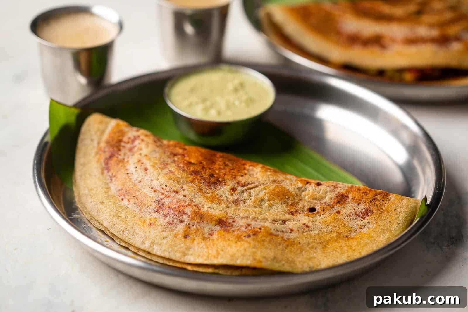 Close-up of a Millet Mysore Masala Dosa, showing the crispy texture and the delicious potato stuffing with red chutney
