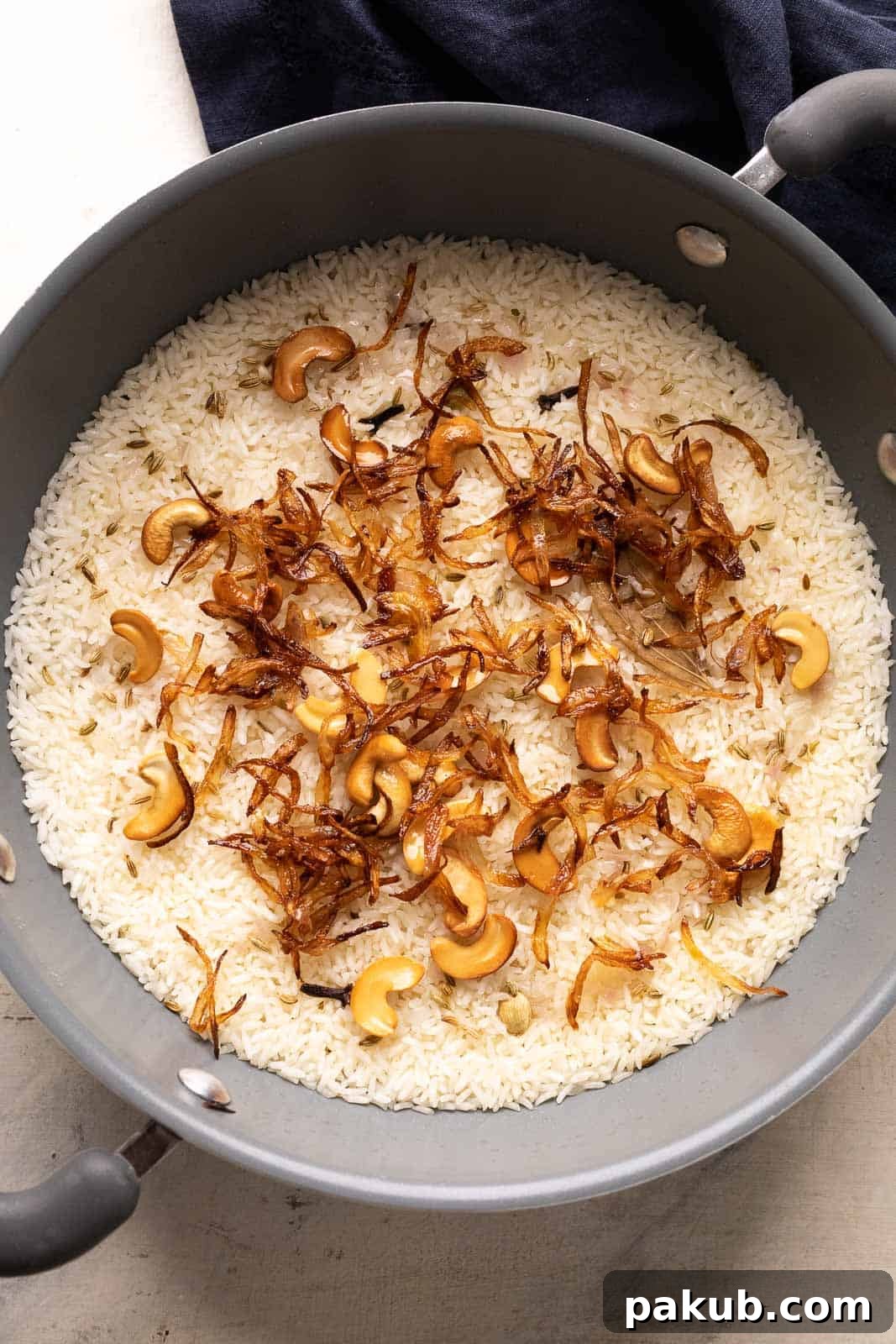 The Ultimate Ghee Rice 2 Ghee Rice pictured in the pot that it was made in topped with fried onions and fried cashews