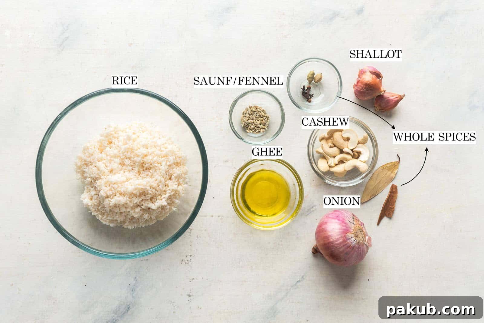 The Ultimate Ghee Rice 3 Ingredients for Ghee Rice with text laid out on a flat white surface