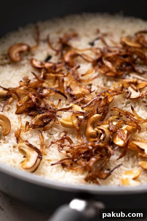 The Ultimate Ghee Rice 4 Closeup of the fried onions and cashew topping on ghee rice