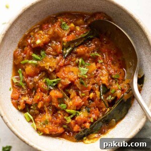 North Indian style tomato chutney served in a ceramic bowl with a spoon on the side
