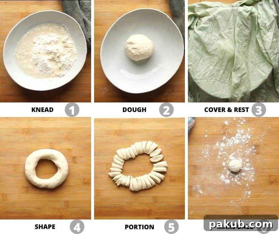 Delicious Momos Two Ways Vegetarian and Chicken 3 A step-by-step visual guide demonstrating how to expertly prepare and knead the dough for perfect momo wrappers, showing the transformation from dry ingredients to a smooth, elastic ball.