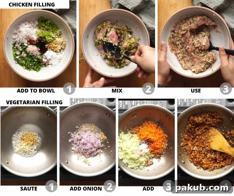 Delicious Momos Two Ways Vegetarian and Chicken 4 A two-part image showing the preparation of both savory chicken filling and vibrant vegetarian filling, with finely chopped ingredients ready to be folded into momo wrappers.