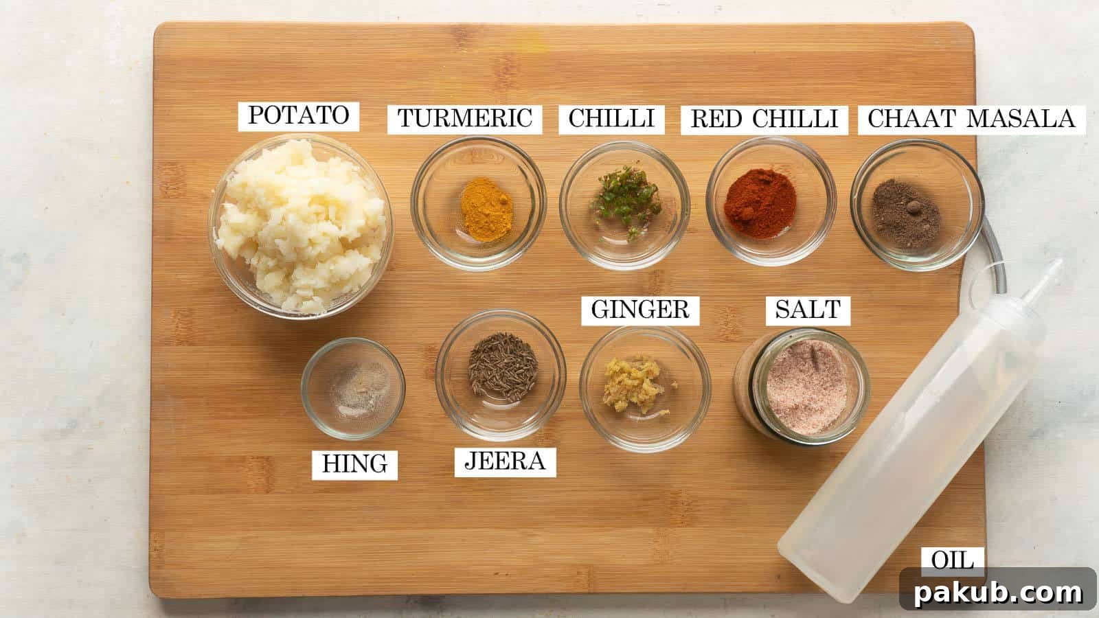 Picture of all the ingredients required for potato filling/aloo masala