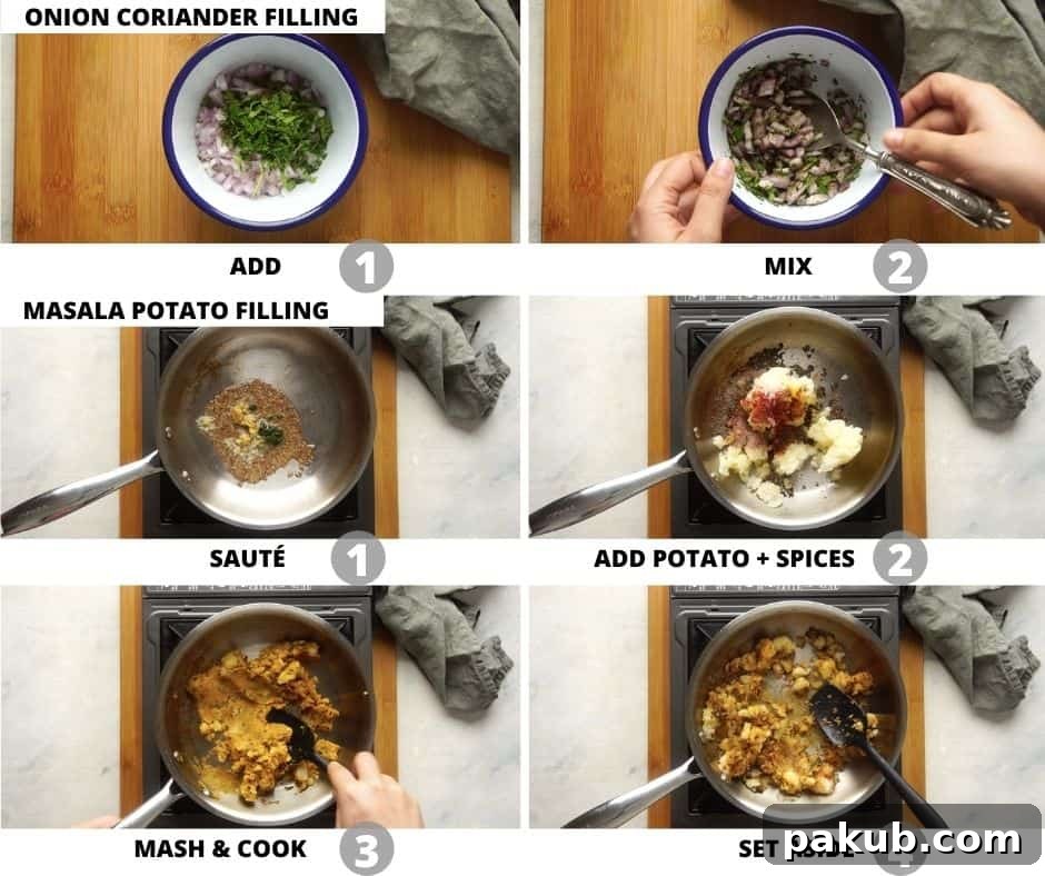 Step by step pictures to show how to make the fillings for stuffed mirchi bhajjis
