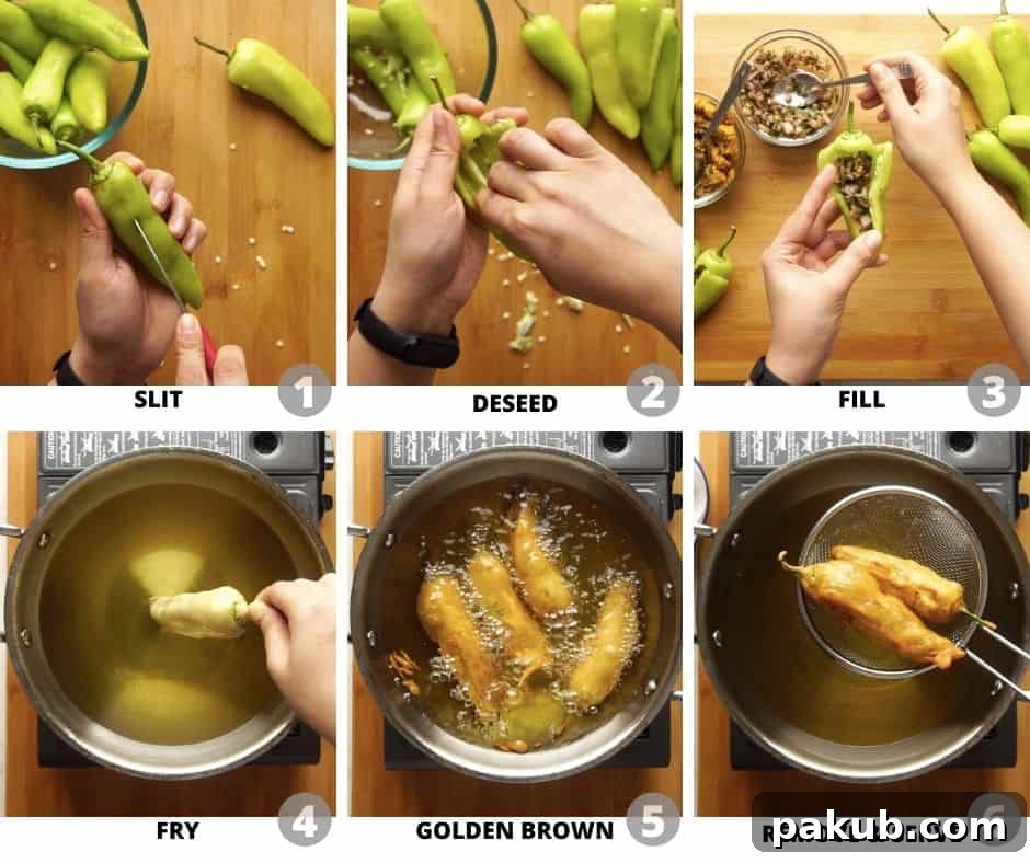 How to slit, deseed chillies and fry mirchi bajjis - step by step pictures