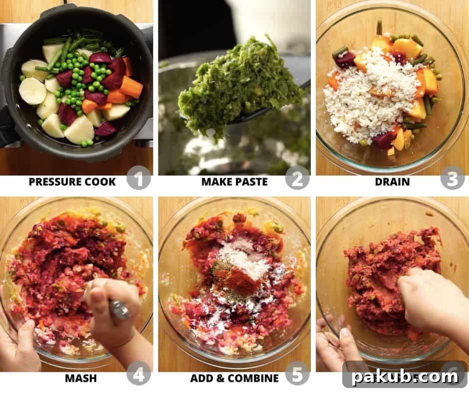 Vibrant Beetroot Potato Croquettes 3 Step by step picture collage to show how to make potato beetroot mixture for cutlets