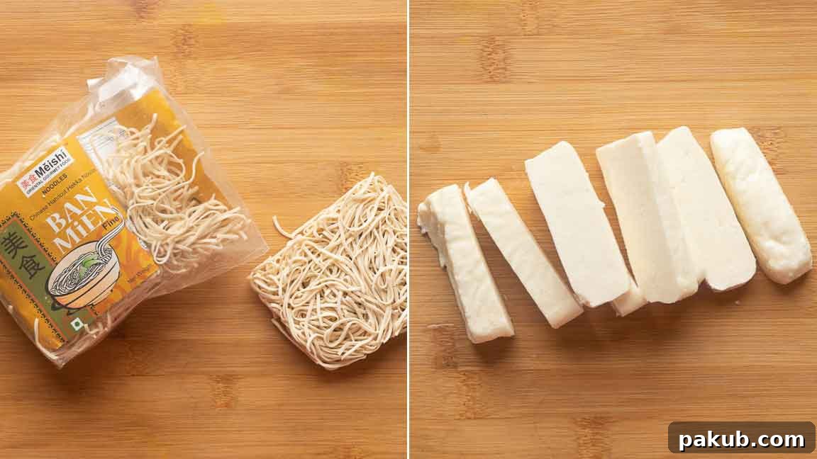 Golden Thread Paneer Bites 3 Noodle brand packaging and paneer cut into thick strips, ready for Thread Paneer preparation