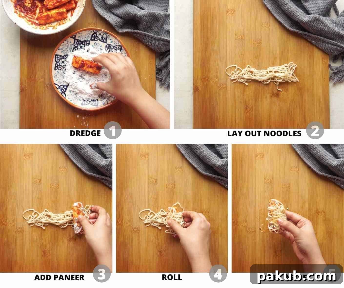 Golden Thread Paneer Bites 5 Step-by-step images illustrating how to expertly wrap marinated paneer in cooked noodles for Thread Paneer