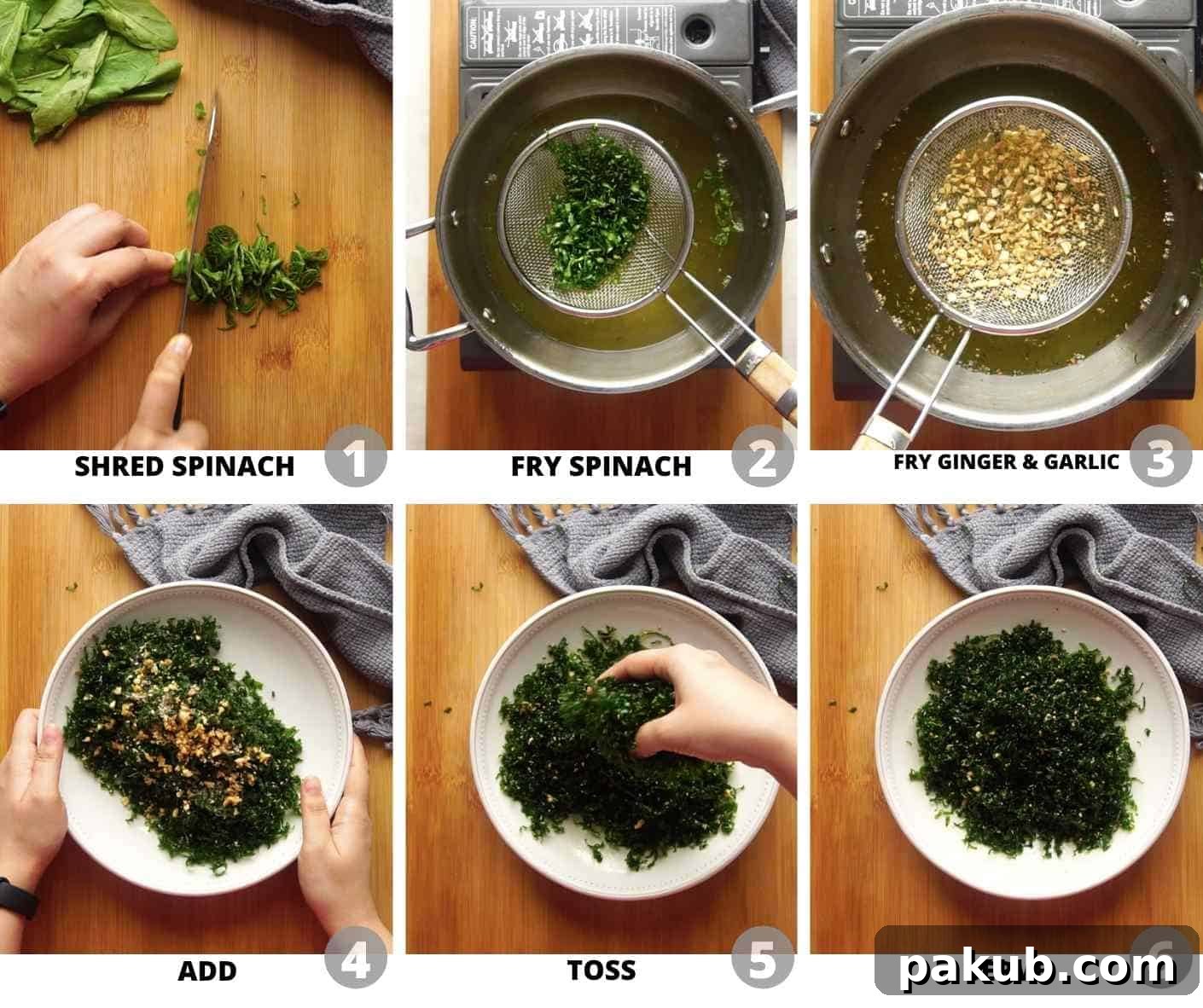 Step by step picture collage showing how to prepare and fry crackling spinach