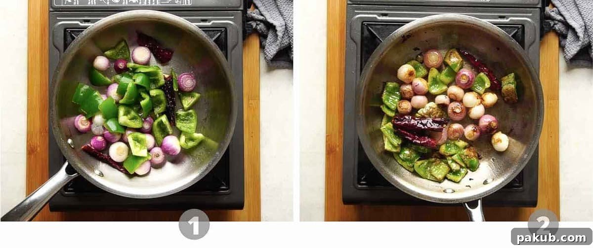 Roasting onion and capsicum in a pan