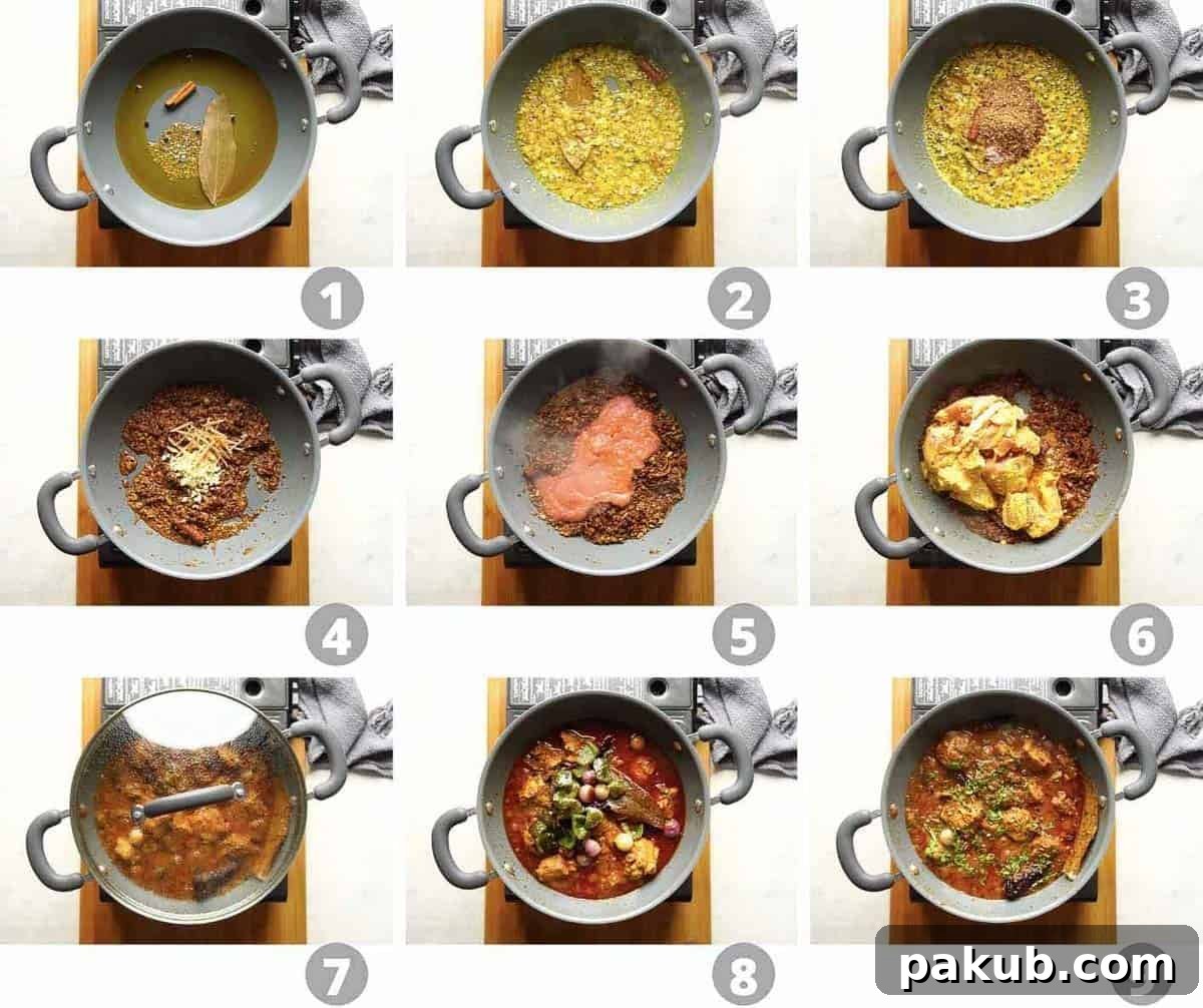 Step by step picture collage showing how to make karahi chicken