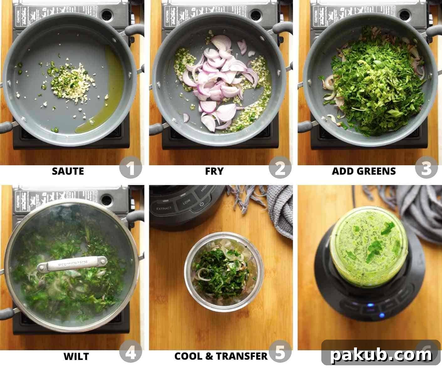 Garlicky Corn Spinach 3 Step-by-step visuals illustrating the process of making a smooth spinach puree