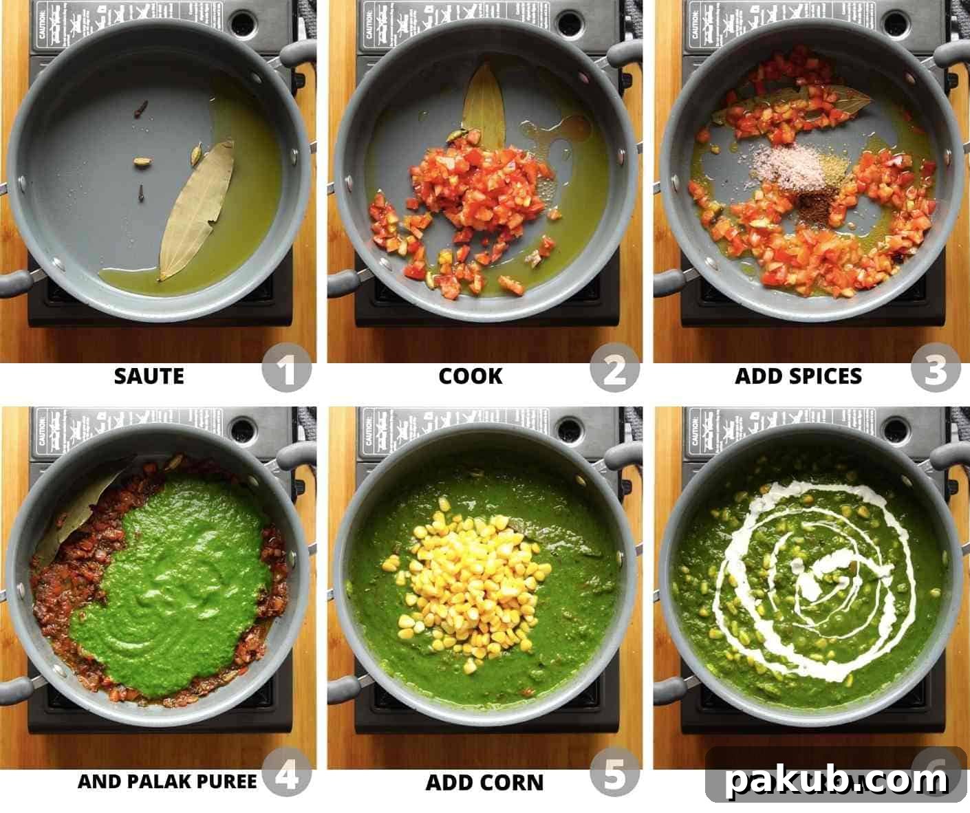 Garlicky Corn Spinach 4 Step-by-step guide illustrating the cooking process of Corn Palak
