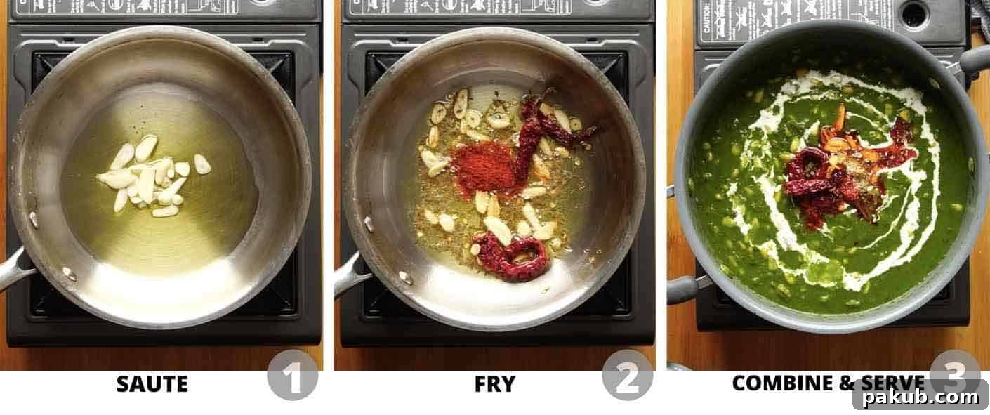 Garlicky Corn Spinach 5 Detailed step-by-step photos demonstrating how to prepare the garlic tadka for the curry