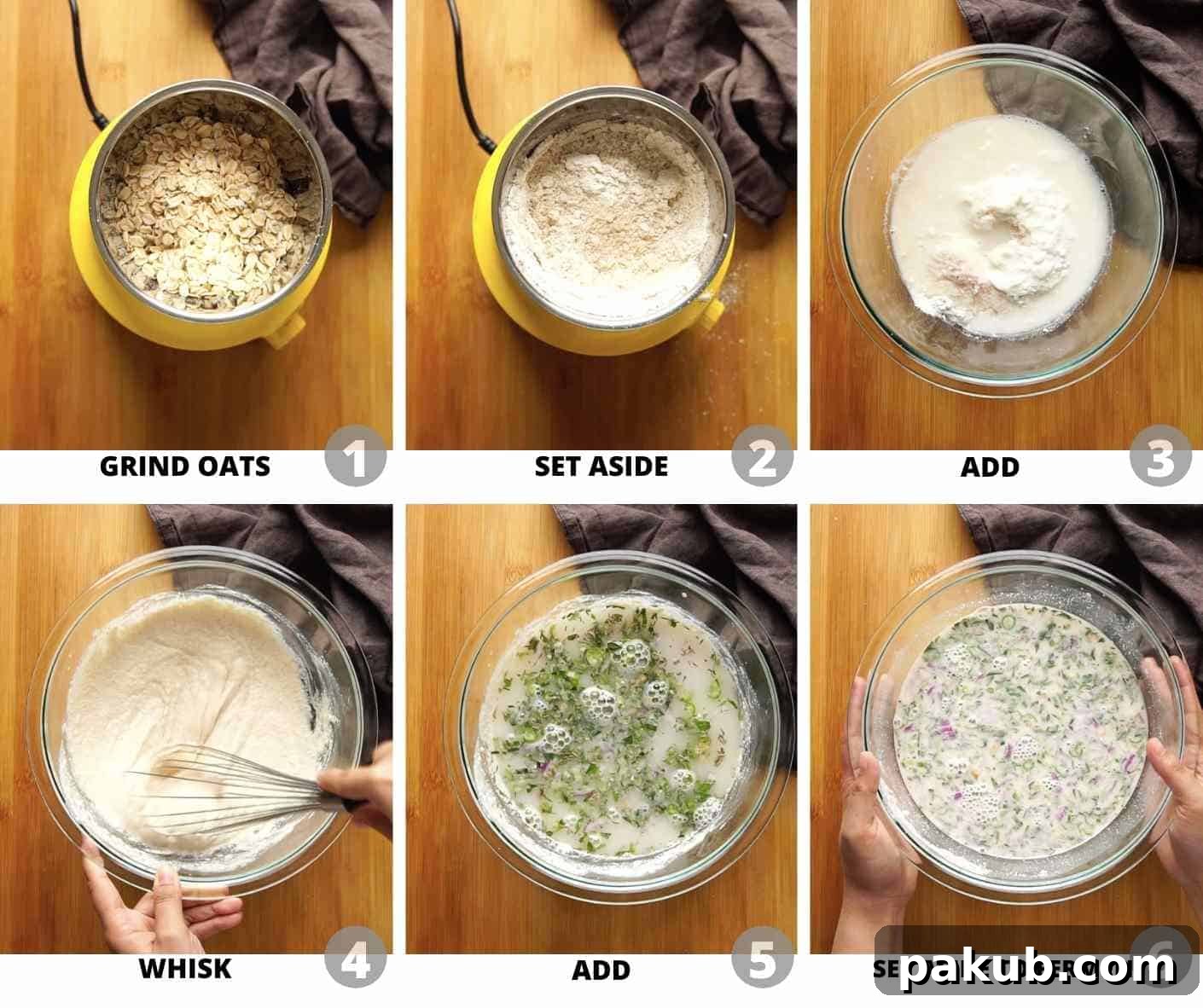 Instant Crispy Oats Dosa 3 Step-by-step pictures showing how to prepare the batter for Instant Oats Dosa, from grinding oats to mixing all ingredients.