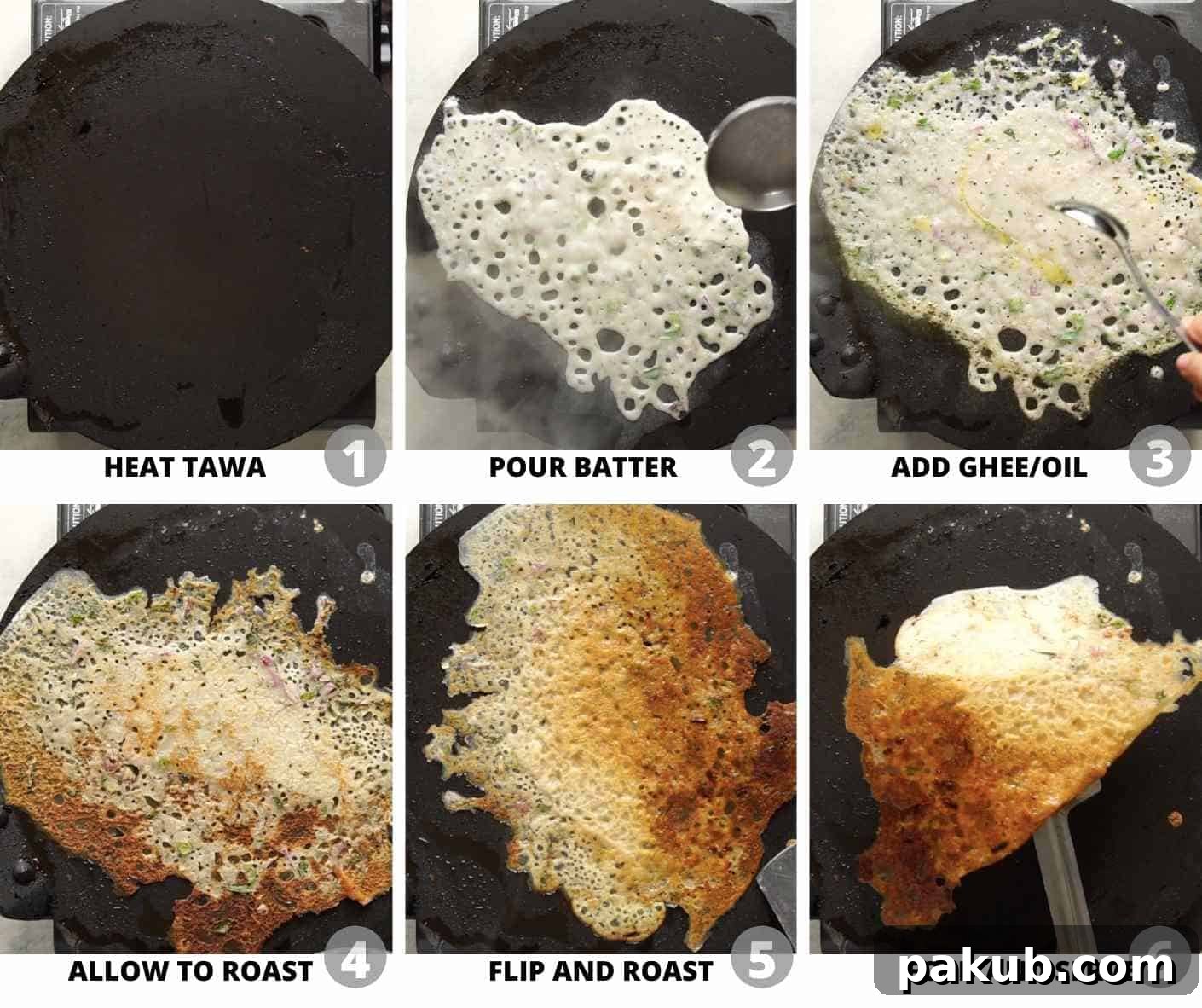 Instant Crispy Oats Dosa 4 Step-by-step pictures illustrating the process of cooking Instant Oats Dosa on a hot non-stick pan, showing the lacy texture.