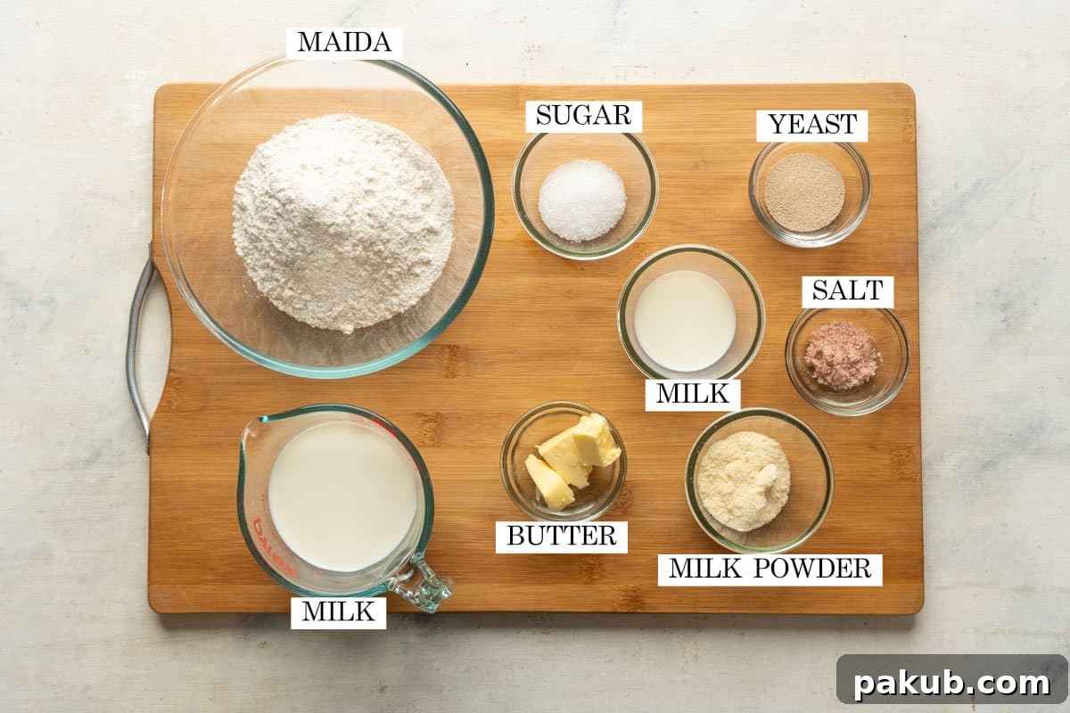 Soft Eggless Mumbai Ladi Pav 3 Picture of all the ingredients meticulously laid out for making Ladi Pav