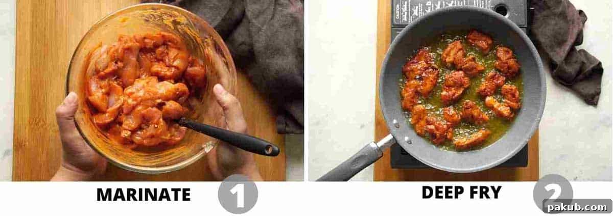 Step by step picture collage showing how to marinate and deep fry chicken for Dragon Chicken