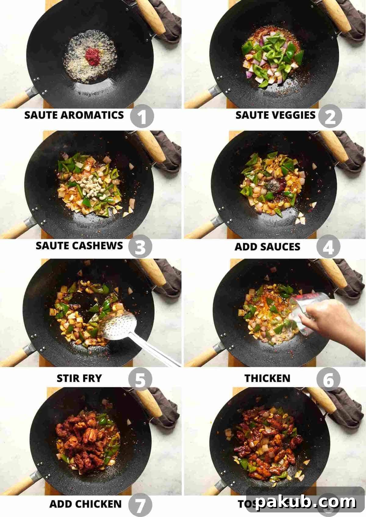 Step by step picture collage showing how to make Dragon Chicken in a wok, combining sauce and ingredients