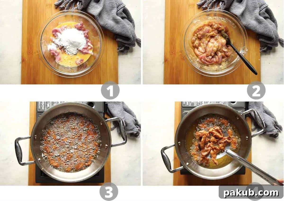 Salted Pepper Chicken Delight 4 Step by step picture collage showing how to batter and fry chicken