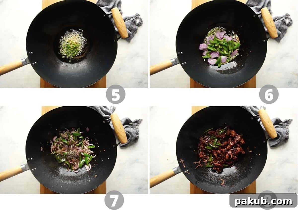 Salted Pepper Chicken Delight 5 Step by step picture collage showing how to stir fry salt and pepper chicken in a wok