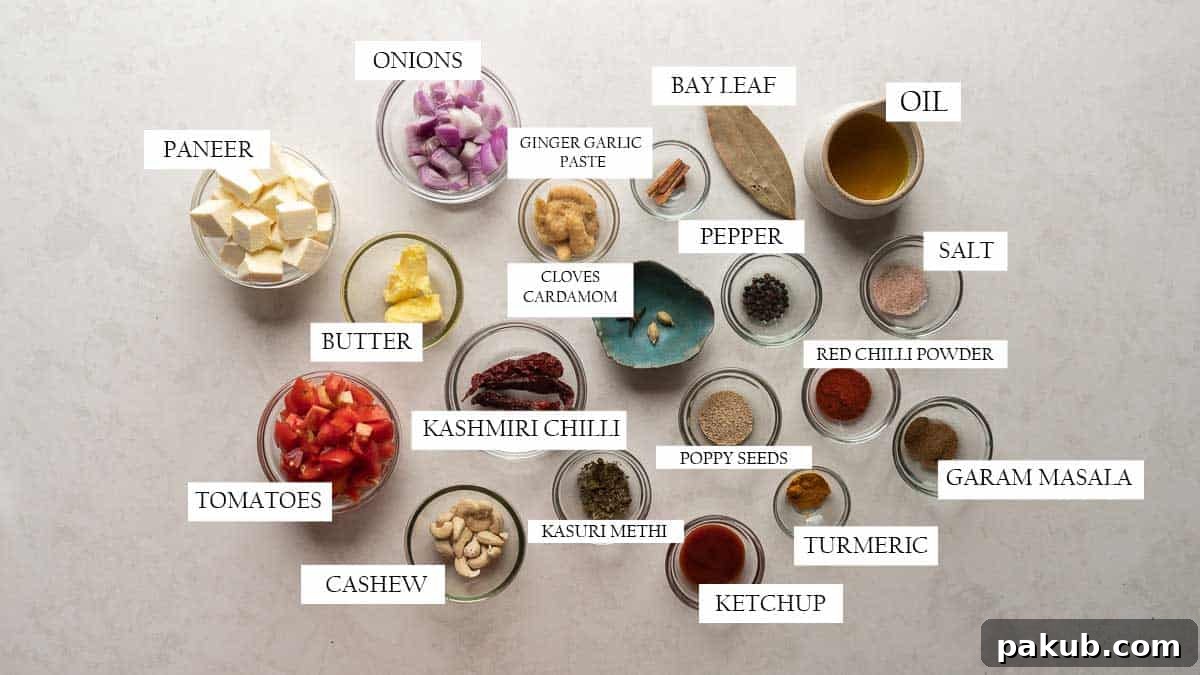 Decadent Makhani Paneer Biryani 3 A vibrant selection of fresh ingredients for the rich and creamy Paneer Makhani gravy, including tomatoes, onions, spices, and cashews.