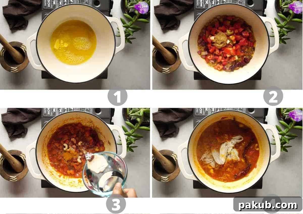 Decadent Makhani Paneer Biryani 6 A visual guide showing the initial steps of cooking the rich makhani gravy for Paneer Biryani, including sautéing and simmering.