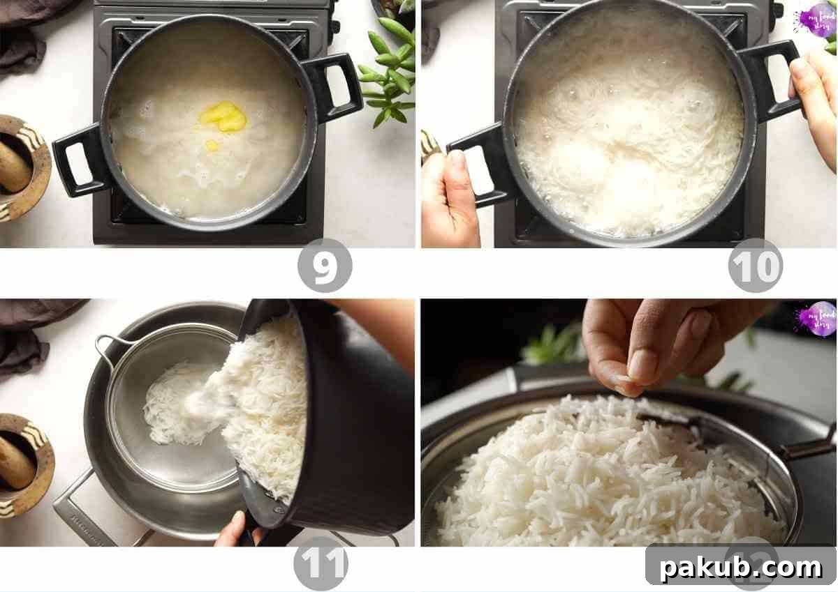 Decadent Makhani Paneer Biryani 8 The process of par-cooking basmati rice for biryani, showing boiling water, adding rice and spices, and draining.