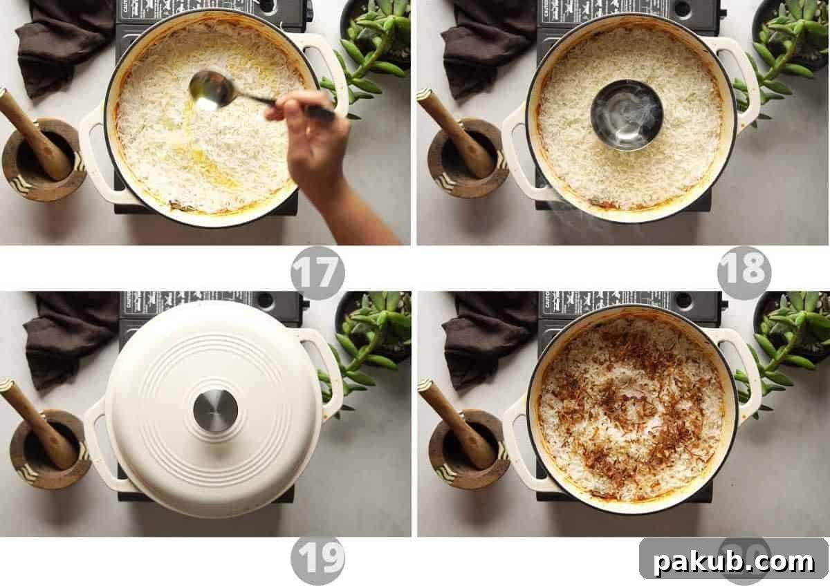 Decadent Makhani Paneer Biryani 10 The final stages of preparing Paneer Biryani, including adding ghee, smoking with coal, and tightly covering for dum cooking.