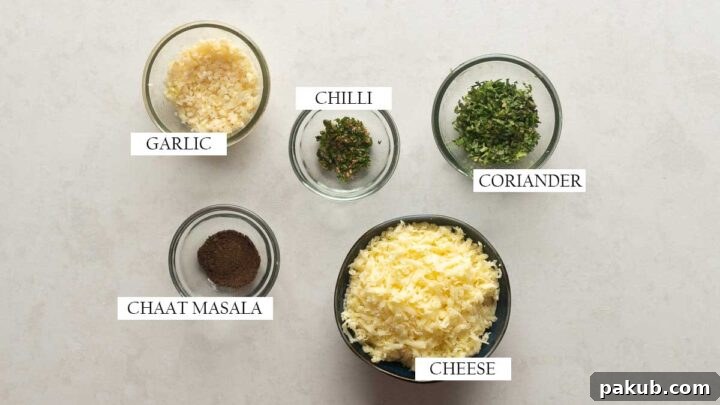 All the ingredients for the kulcha stuffing pictured together with text to identify them