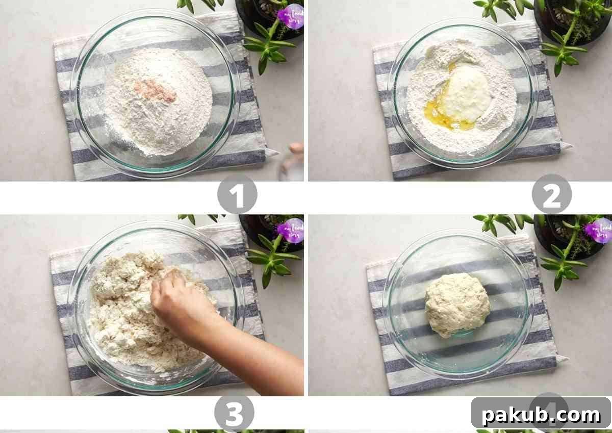 Step by step pictures showing how to make kulcha dough