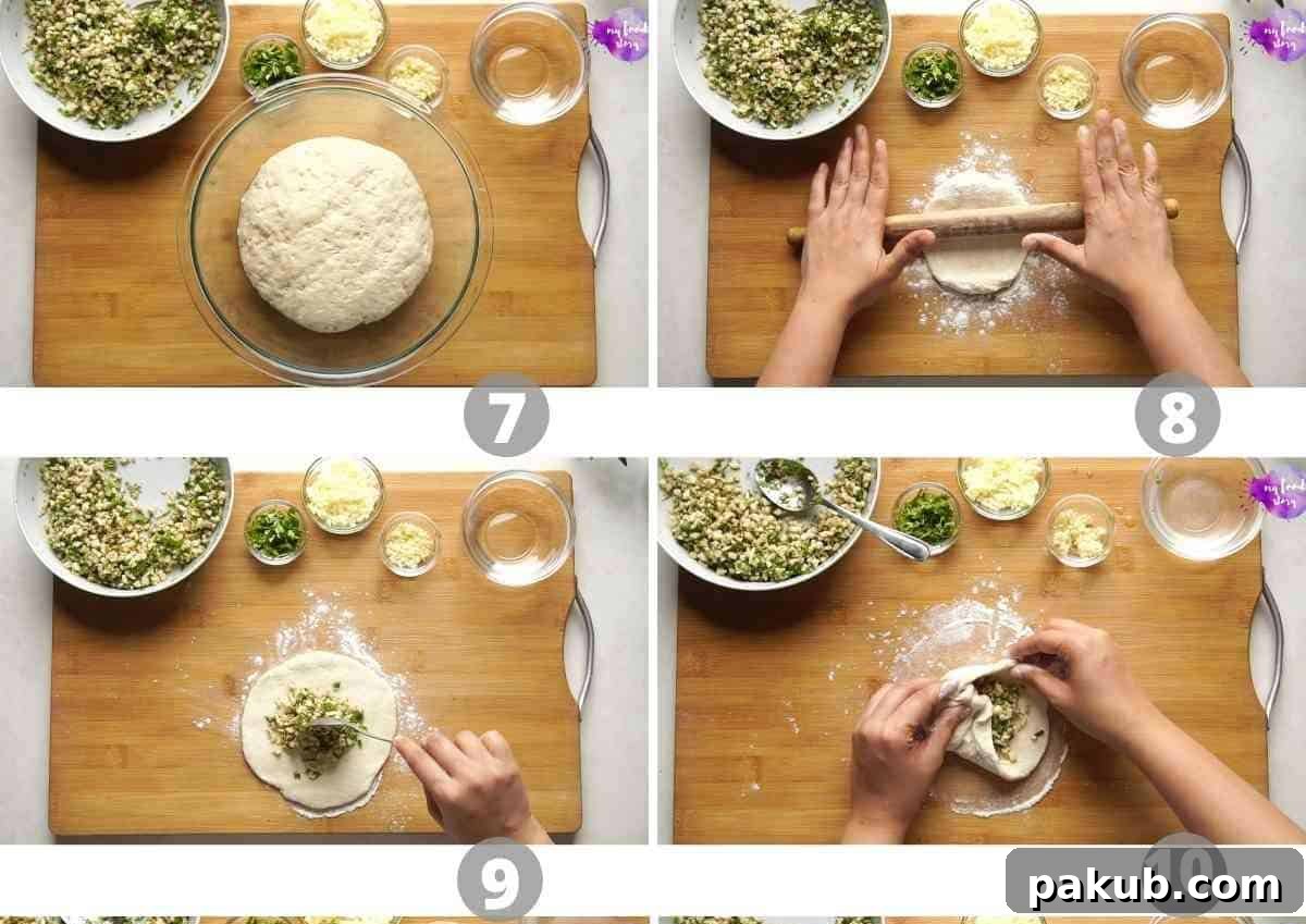 Step by step pictures showing how to stuff a kulcha with cheese dough