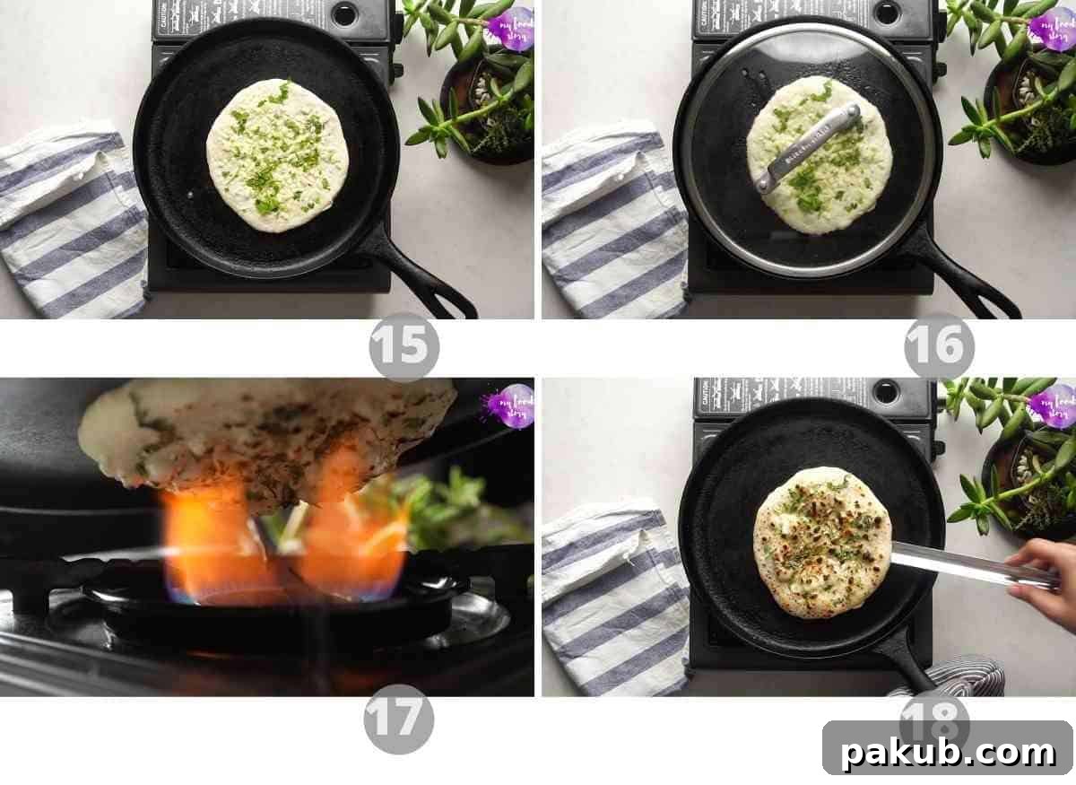 Step by step pictures showing how to cook kulcha on the stove