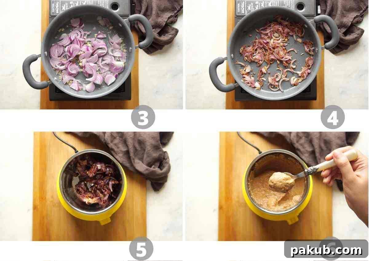 Step by step picture collage showing how to make onion paste for the chicken kali mirch gravy