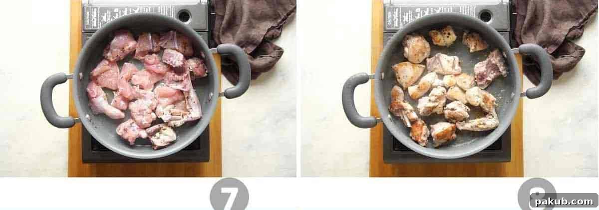 Step by step picture collage showing how to brown chicken pieces