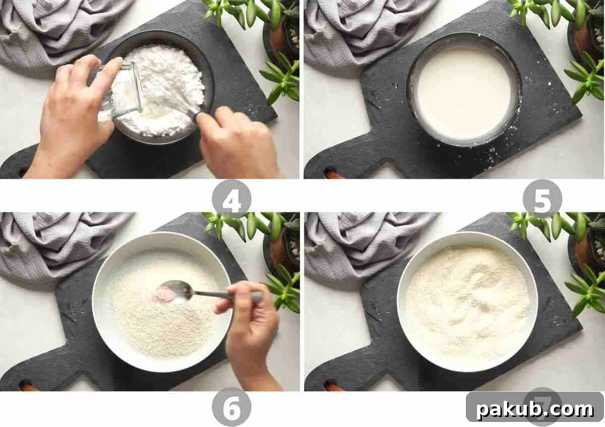 The No-Fail Secret to Amazing Cheese Balls 6 Step by step pictures showing how to make the slurry and breadcrumb mixture