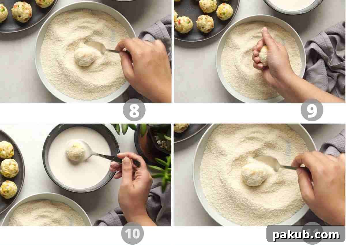 The No-Fail Secret to Amazing Cheese Balls 7 Step by step pictures showing how to double crumb cheese balls