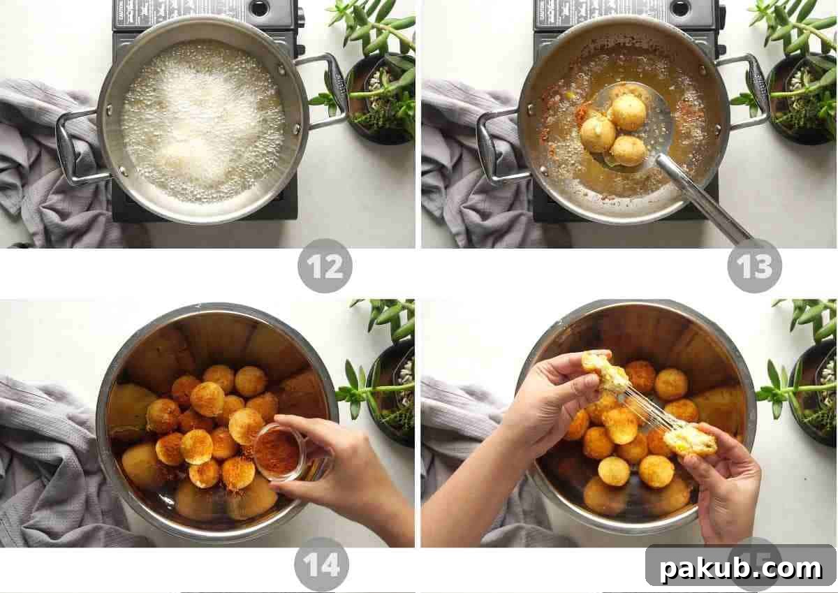 The No-Fail Secret to Amazing Cheese Balls 8 Step by step pictures showing how to deep fry cheeseballs and toss them in peri peri mix