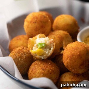 Closeup of a bite of cheese balls to show the cheesy center